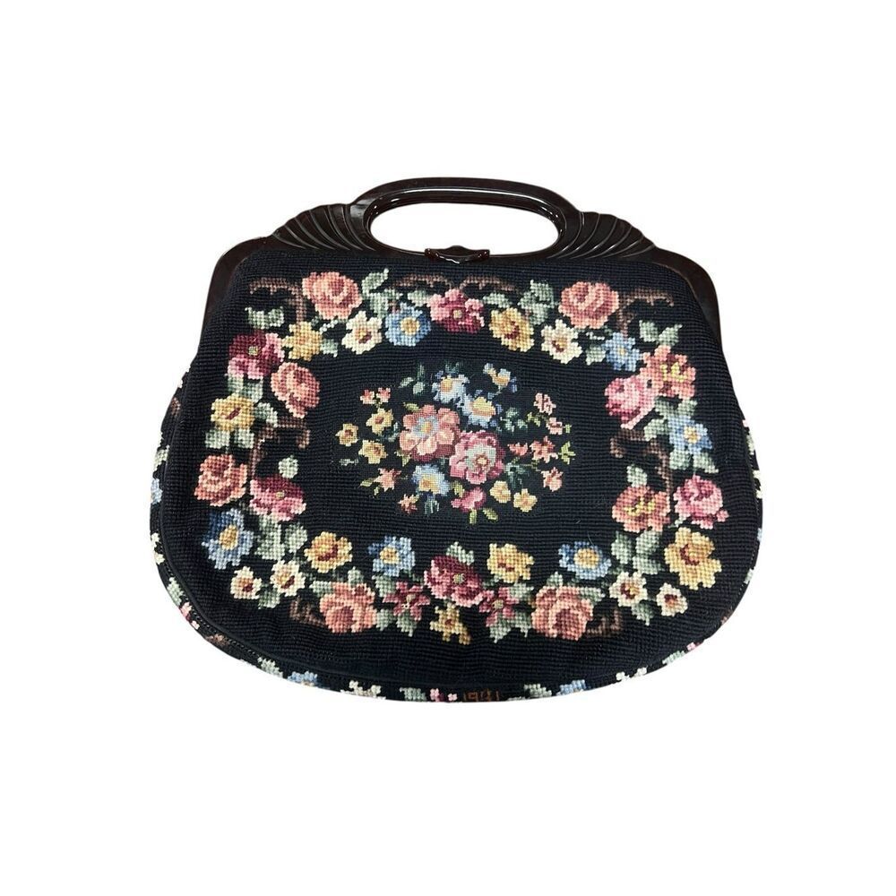 Vintage 1940’s needlepoint large handbag colorful floral tapestry pattern artsy